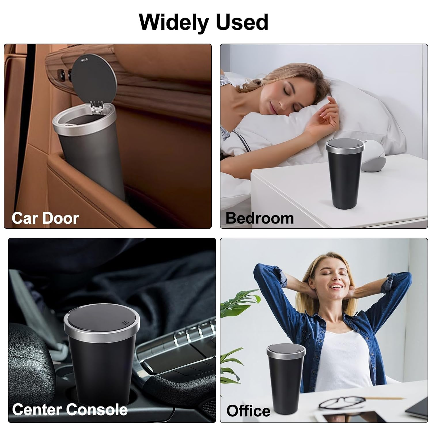 Car Trash Can with Lid, Small Automatic Rebound Portable Trash Bin, Diamond Look Dustbin Organizer for Car Office Home (Silver Black) - Black image number 6