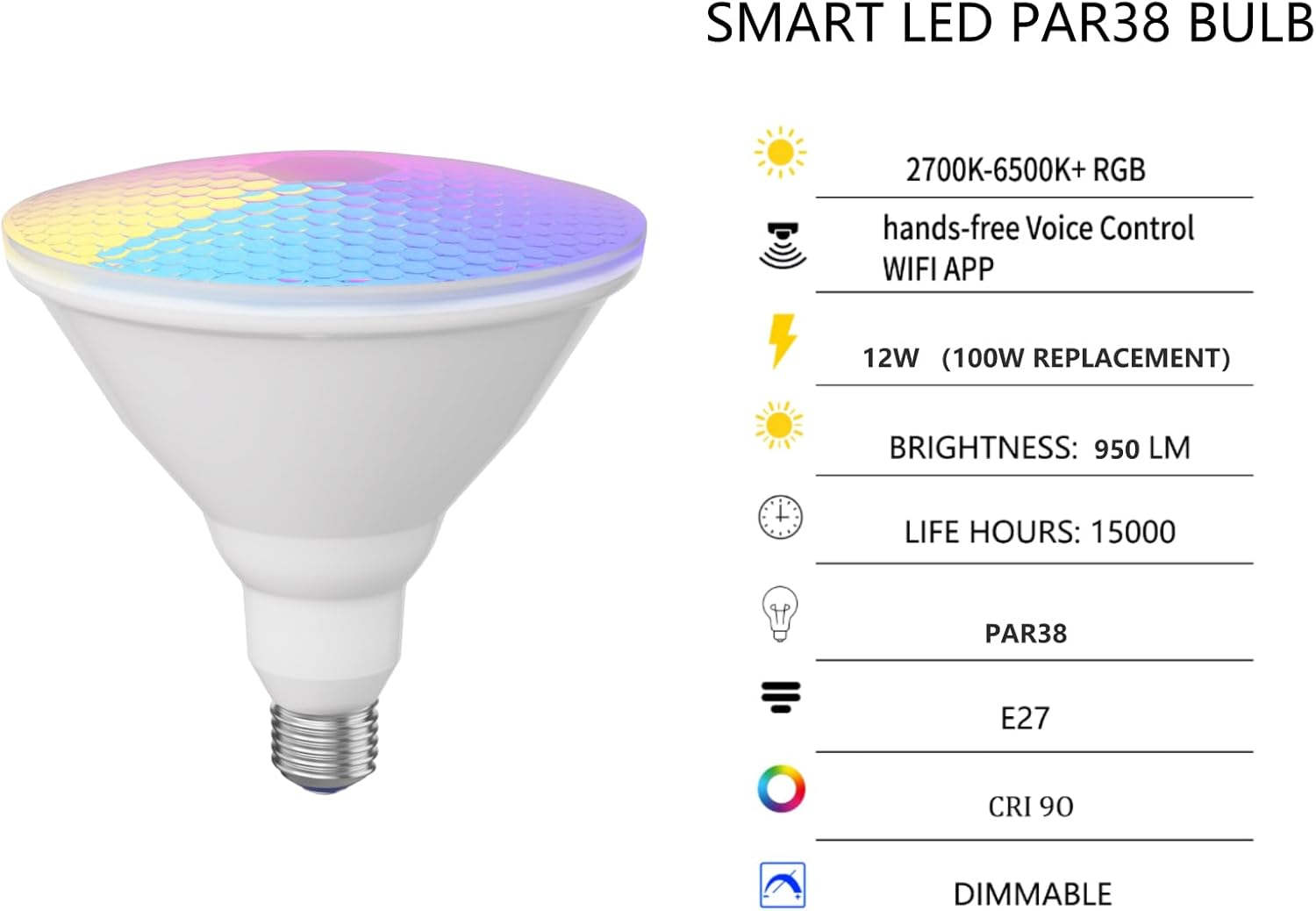 7Pandas PAR38 LED Color Changing Flood Light Bulb with Remote Control, 60W Equivalent 950LM, Dimmable RGB Colored Light Bulbs Compatible with Alexa & Google Assistant, 2Pack image number 4