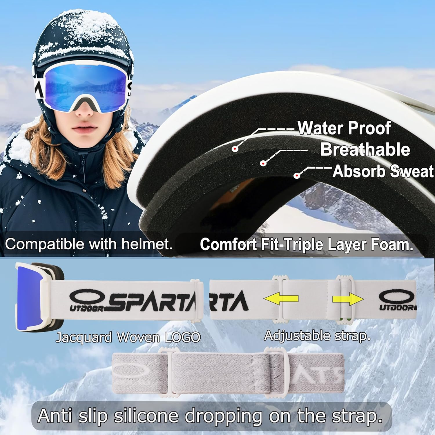 OUTDOOR SPARTA Snow Sports Goggles- Helmet Compatible Ski Goggles for Men & Women with 100% UV Protection image number 4