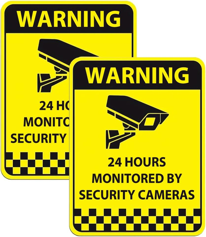 CCTV Signs Video Surveillance Sticker 24 Hours Video Recoding Sticker Self-Adhesive No Trespassing Warning Sign for Window Door Business (Yellow 2Pack)