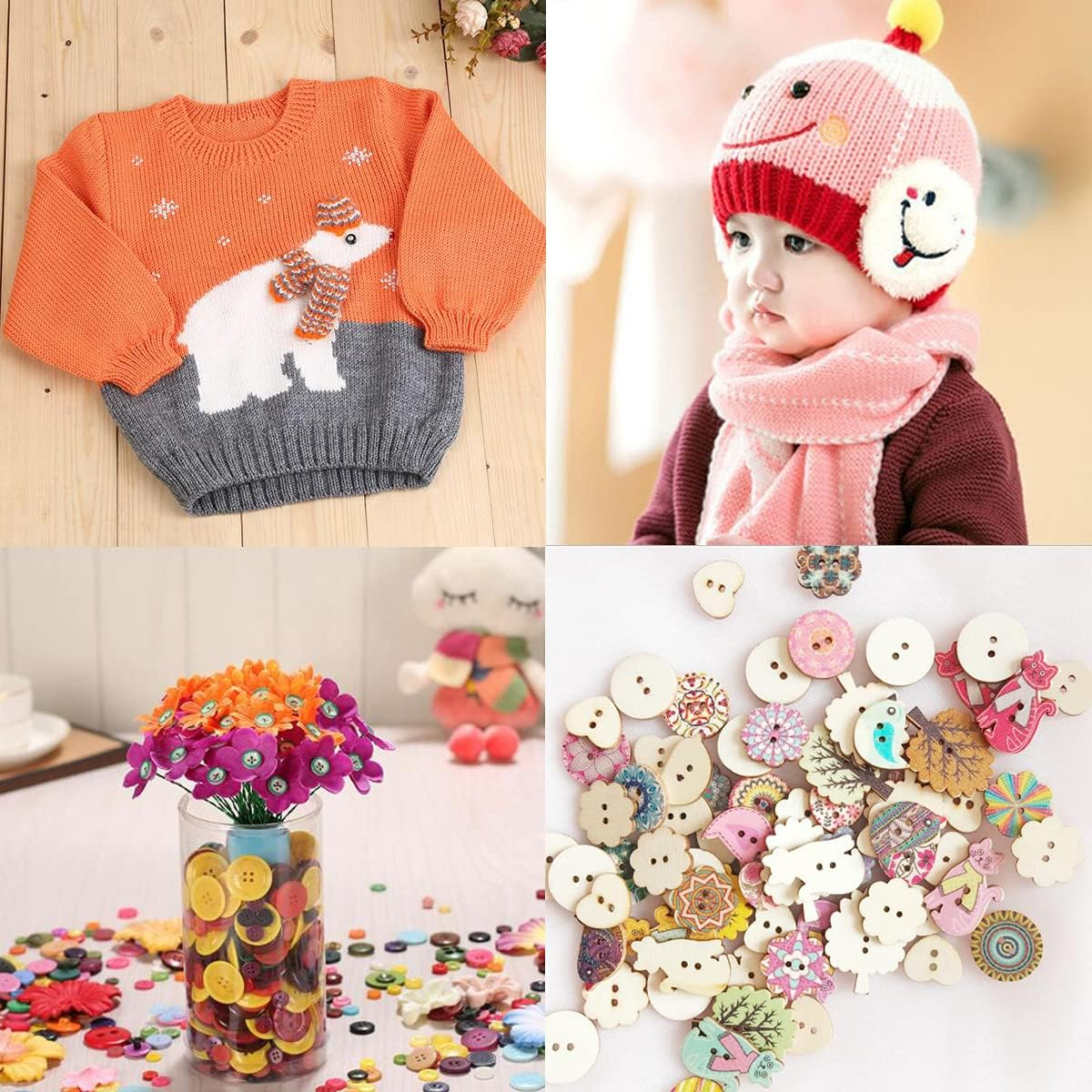 Wepetyo 200 Pcs Cute Cartoon Wooden Buttons,Wooden Leaf Buttons Assorted Design 2 Holes Mixed Animal/Flowers/Trees/Wood Button for Sewing Crafts DIY Decoration and Clothing - Beige image number 3