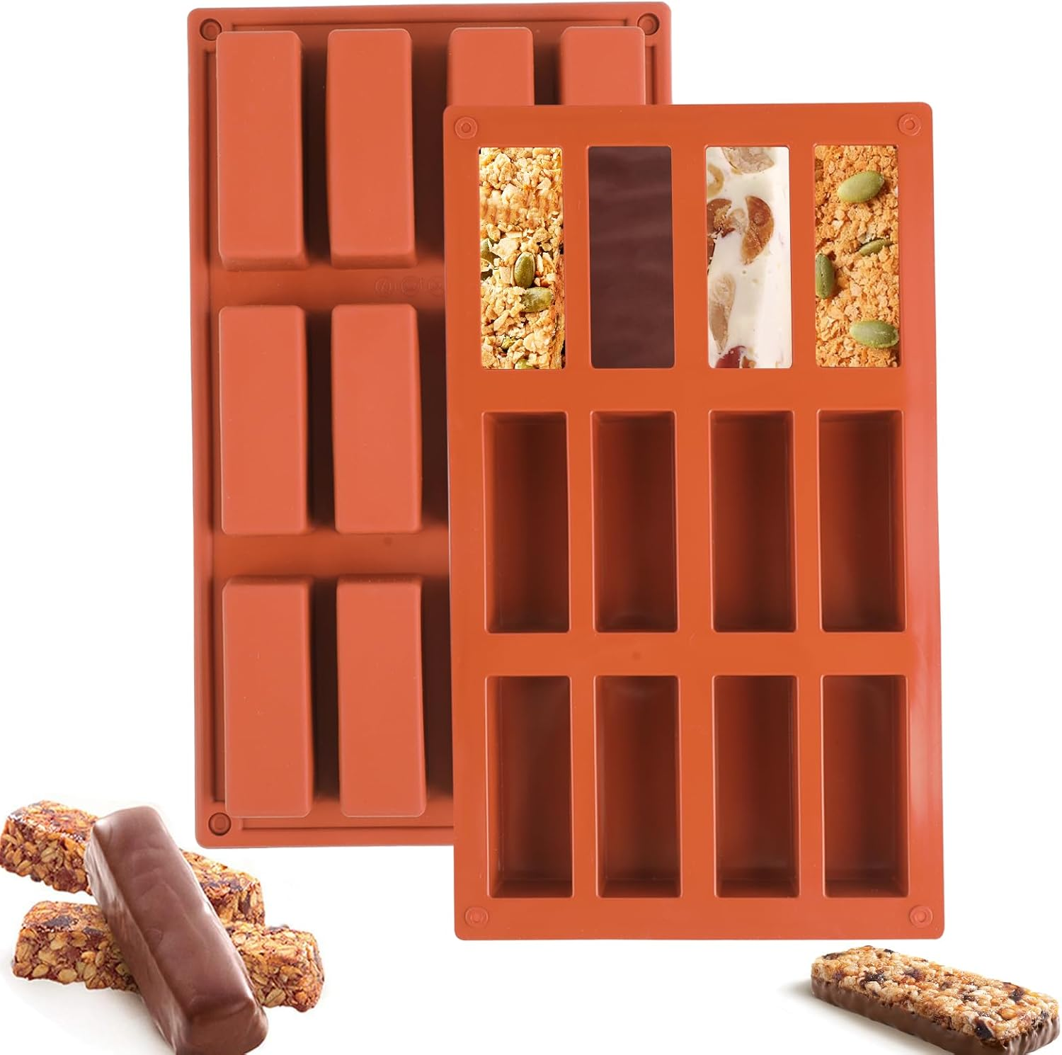 Pack of 2 Cereal Bars Baking Mould, Silicone, 12 Cavities Bar Silicone Mould, Non-Stick Silicone Mould, Rectangular Cereal Bar Mould for Energy Bars, Brownies, Cheesecakes, Muffins, Pudding and More.