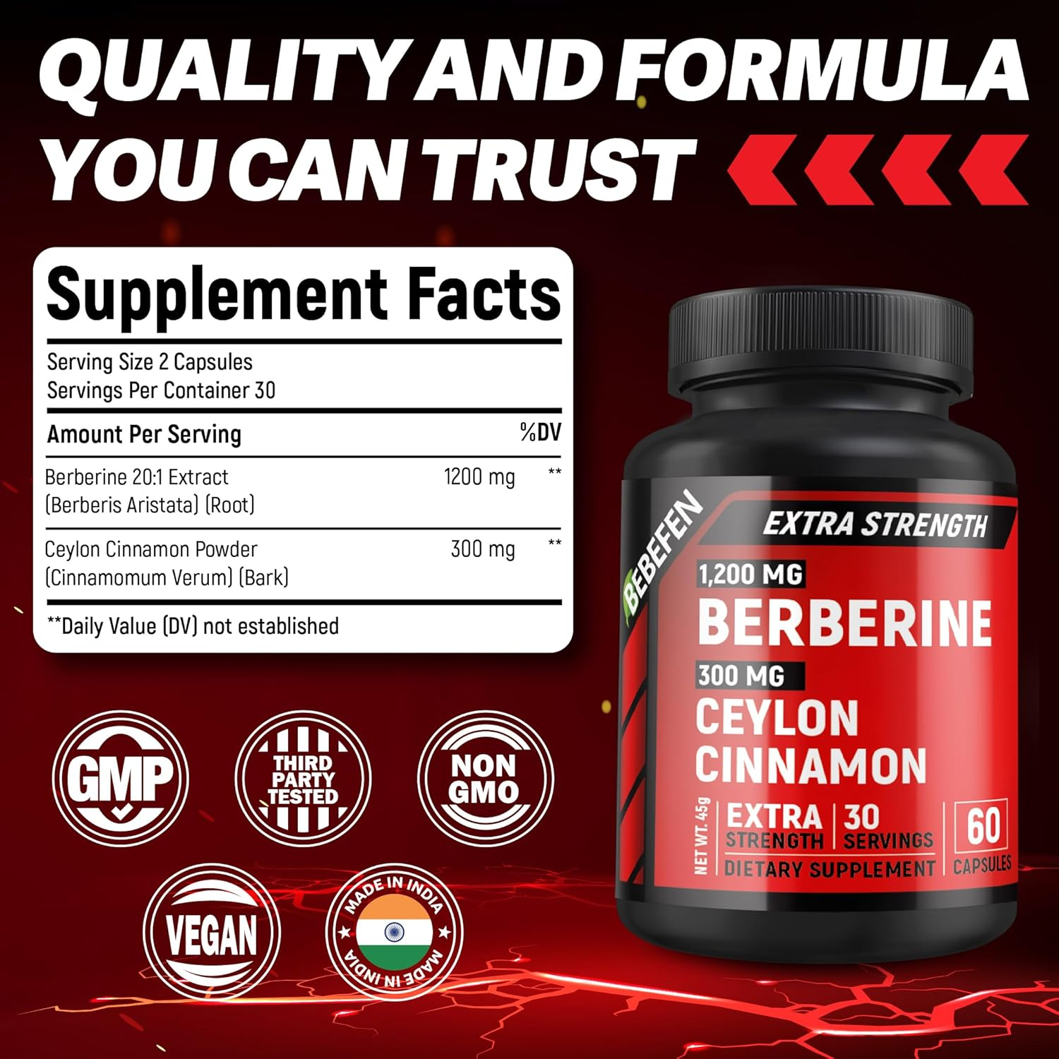 BEBEFEN Premium Berberine Hcl 1200Mg plus Ceylon Cinnamon 300Mg, Berberine HCI Root Supplements Pills - Non-Gmo, Vegan, Gluten Free. 60 Easy to Swallow Capsules image number 4