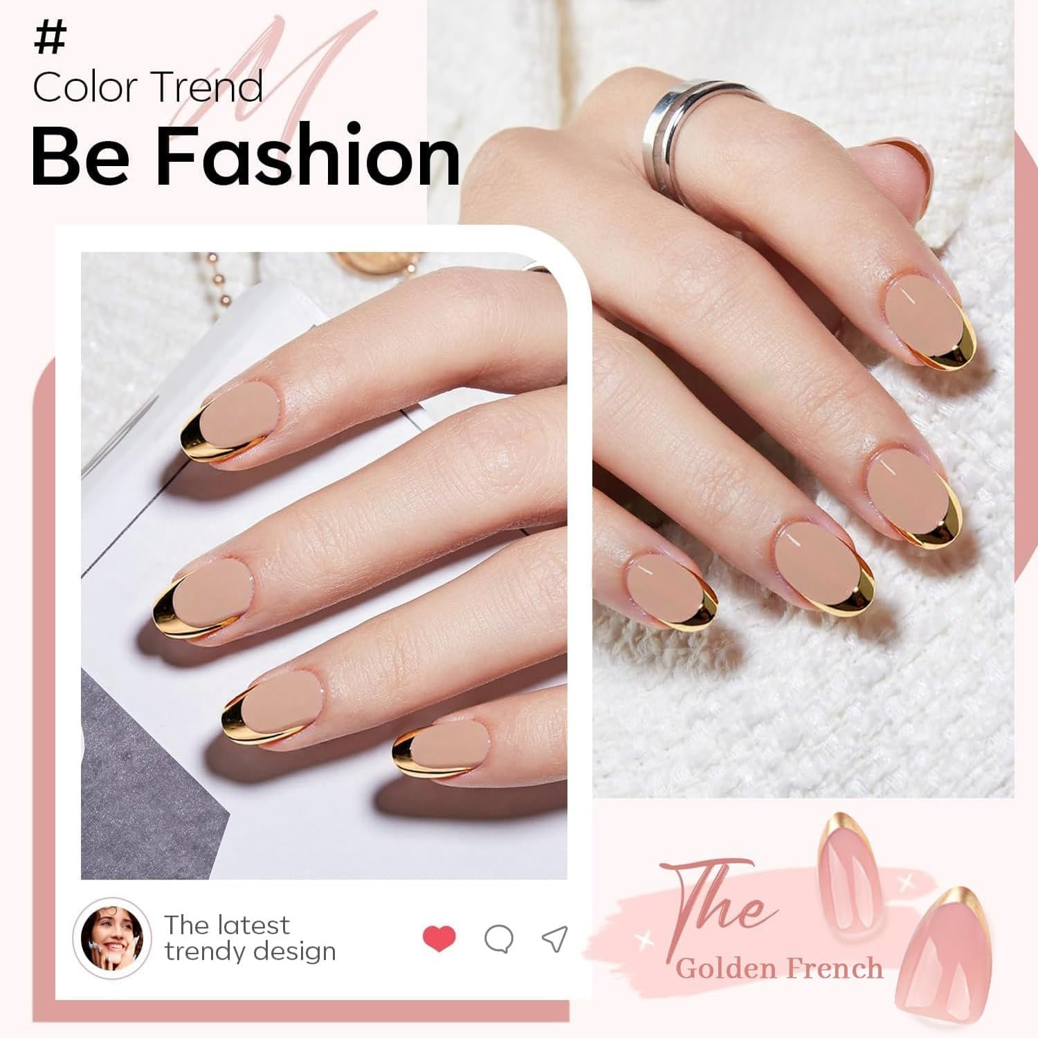 24 Pcs Press on Nails Short Almond Stiletto, Glitter Pink with Gold Tips Fake Nails with Jelly Adhesive Tabs Reusable Nail Art Kit for Women Girls image number 2