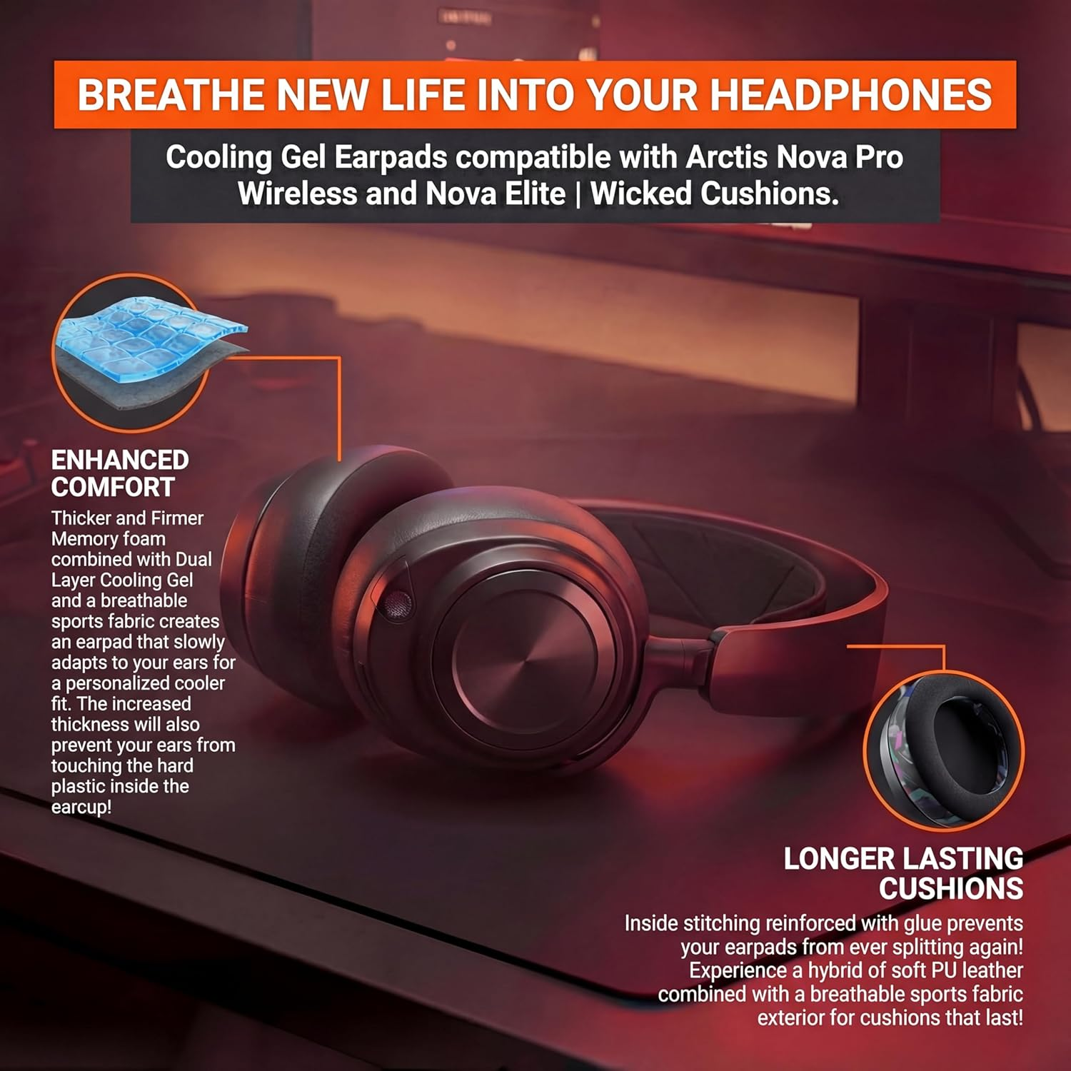 WC Freeze Nova Pro Wireless - Cooling Gel Earpads for Arctis Nova Pro Wireless & Nova Elite (Doesn&rsquo;T Fit Other Models), by Wicked Cushions, Extra Thick & Comfortable | Black - Black image number 5