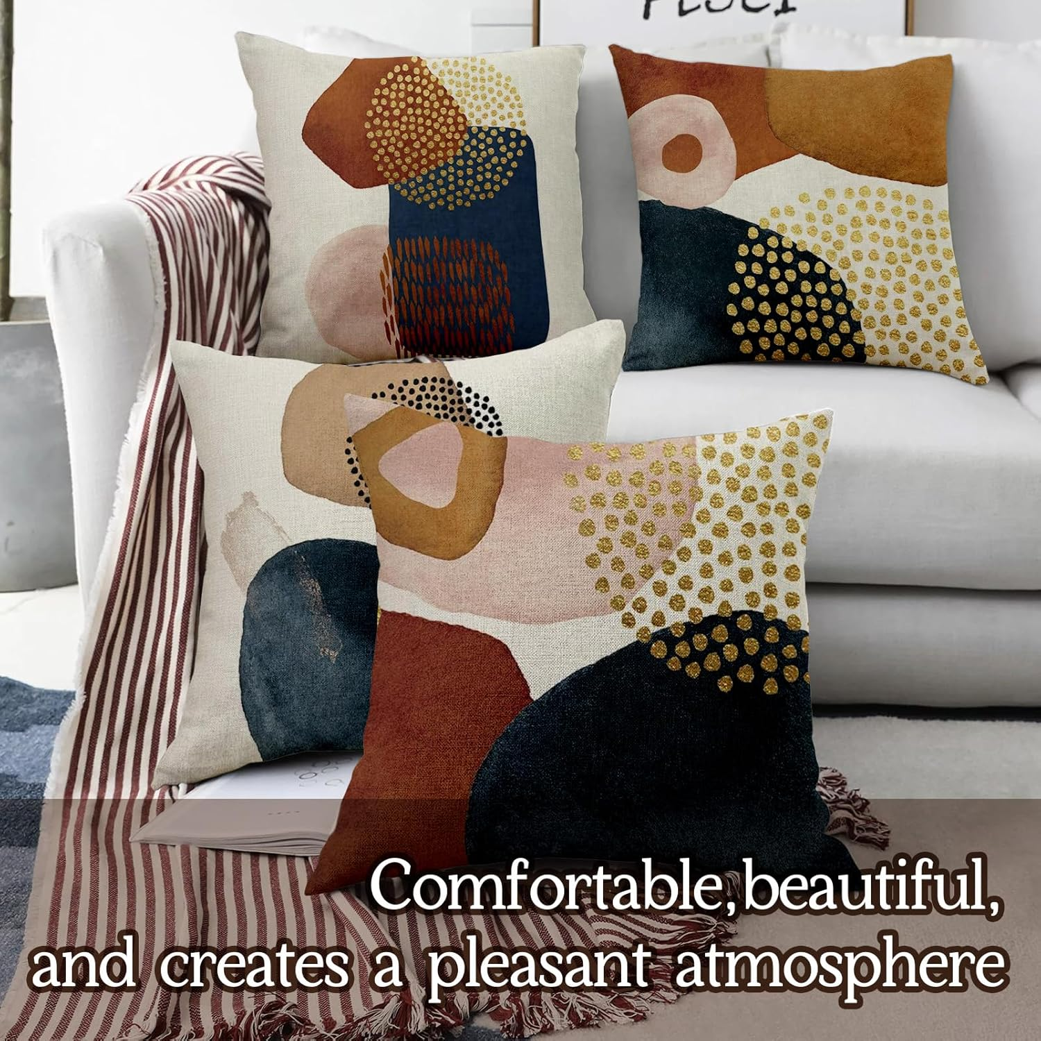 Square Linen Pillow Covers 45X45Cm Set of 4 Boho Abstract Modern Art Decorative Throw Pillow Cover Minimalist Geometric Bohemian Cushion Case for Couch, Bed, Home Decor image number 2