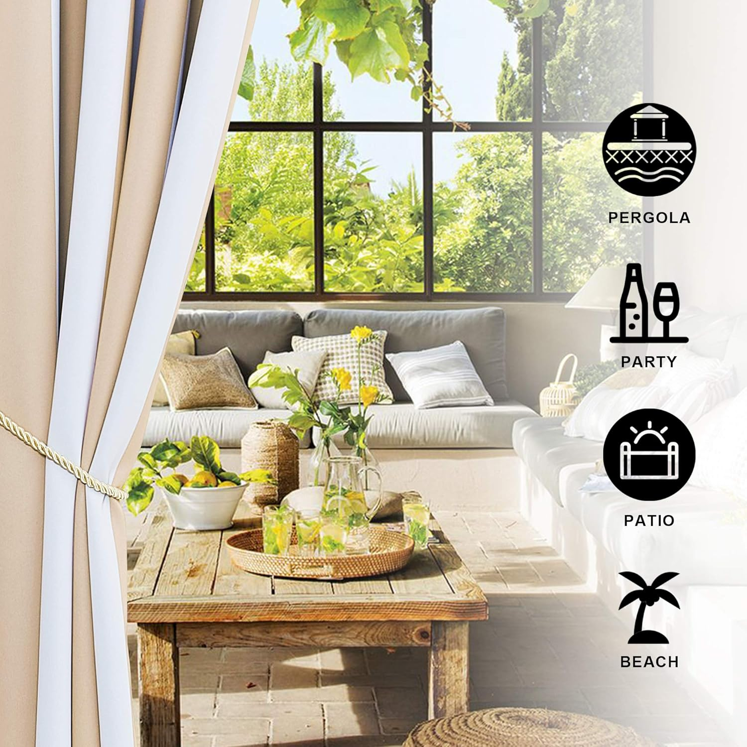 NICETOWN 2 Panels Stripe Outdoor Curtains for Patio Waterproof, Thermal Insulated Stainless Steel Grommet Room Darkening Indoor Outdoor Drapes Light Block for Pool, W52 X L108, Biscotti & White image number 2
