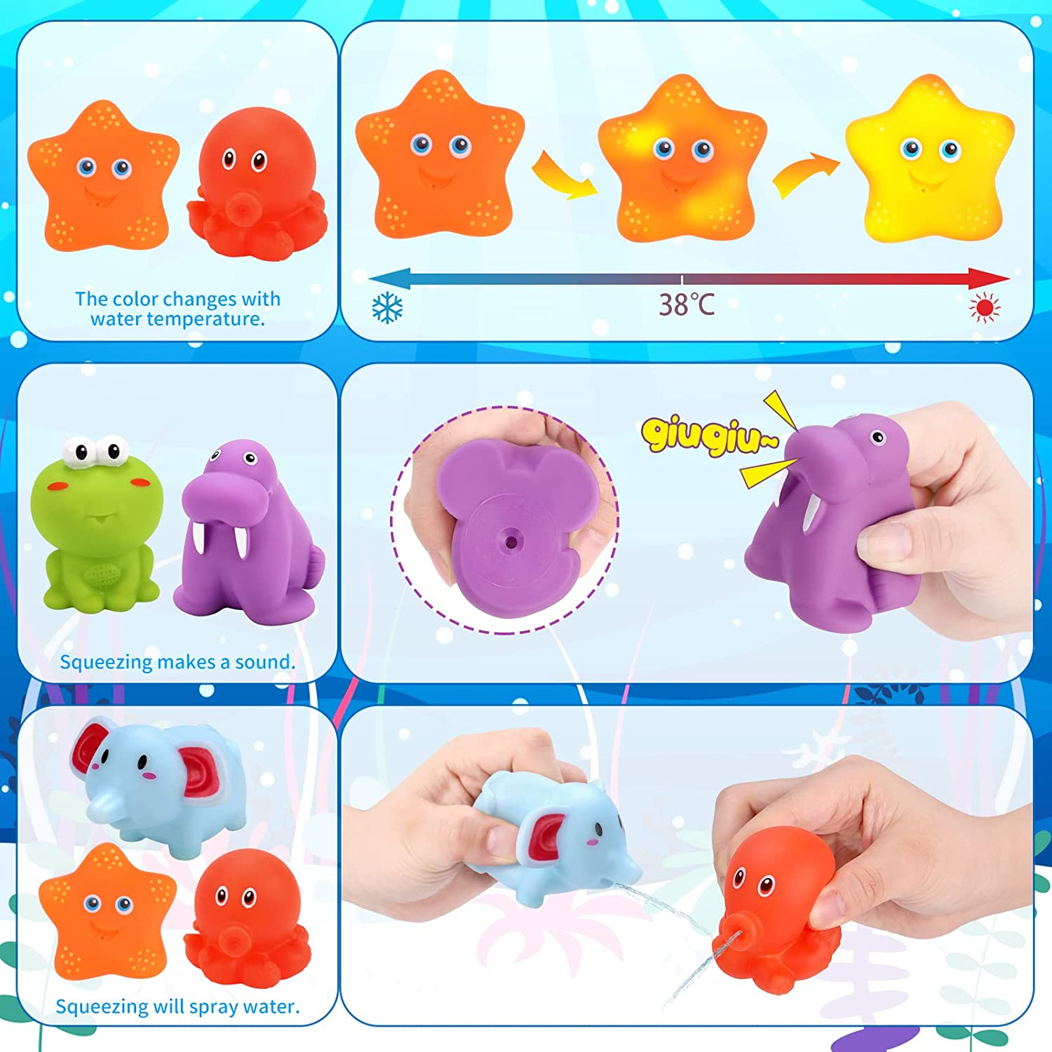 Kaekid Toddlers Bath Toy, Water Spraying Discoloration Light-Up Floating Animals Bath Toys Set, Foam Bath Letters and Numbers Bath Toy, Water Toys for Kids Boys Girls (Multicolour) image number 5