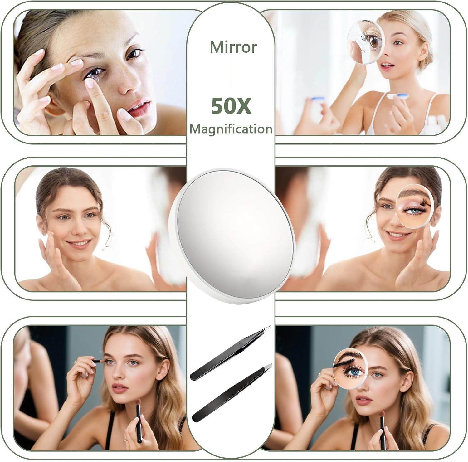 50X Magnifying Makeup Mirror with Suction Cup & 2 Precision Tweezers - Compact Portable Magnifier for Detailed Makeup, Skincare & Contact Lens Wear (White) - Black image number 3