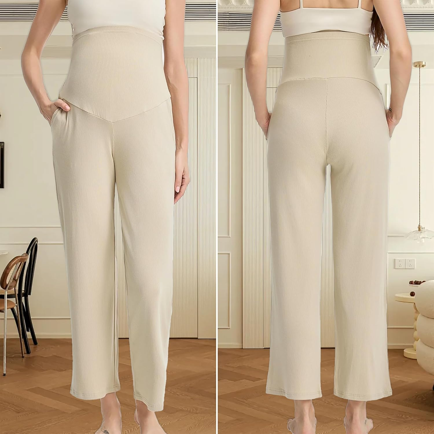 Liu & Qu Womens Maternity High Waisted Lounge Pants Casual Stretchy Ribbed Palazzo Pants Pregnancy Trousers with Pockets image number 5