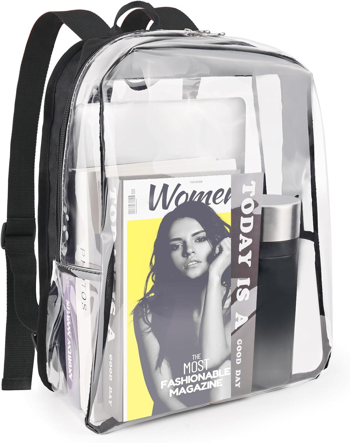 JOMPARO Clear Backpack Plastic See through Bookbag for Kids Adults for School Work Concert Sports, 1S-Black, Medium, Daypack Backpacks