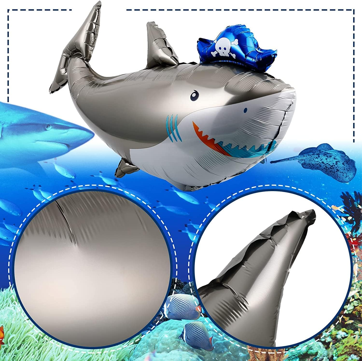 4Pcs Shark Balloons Large Aluminum Foil Shark Balloon Pirate Theme Ocean Theme Birthday Party Decorations Baby Shower(Pirate Shark-4Pcs) image number 2