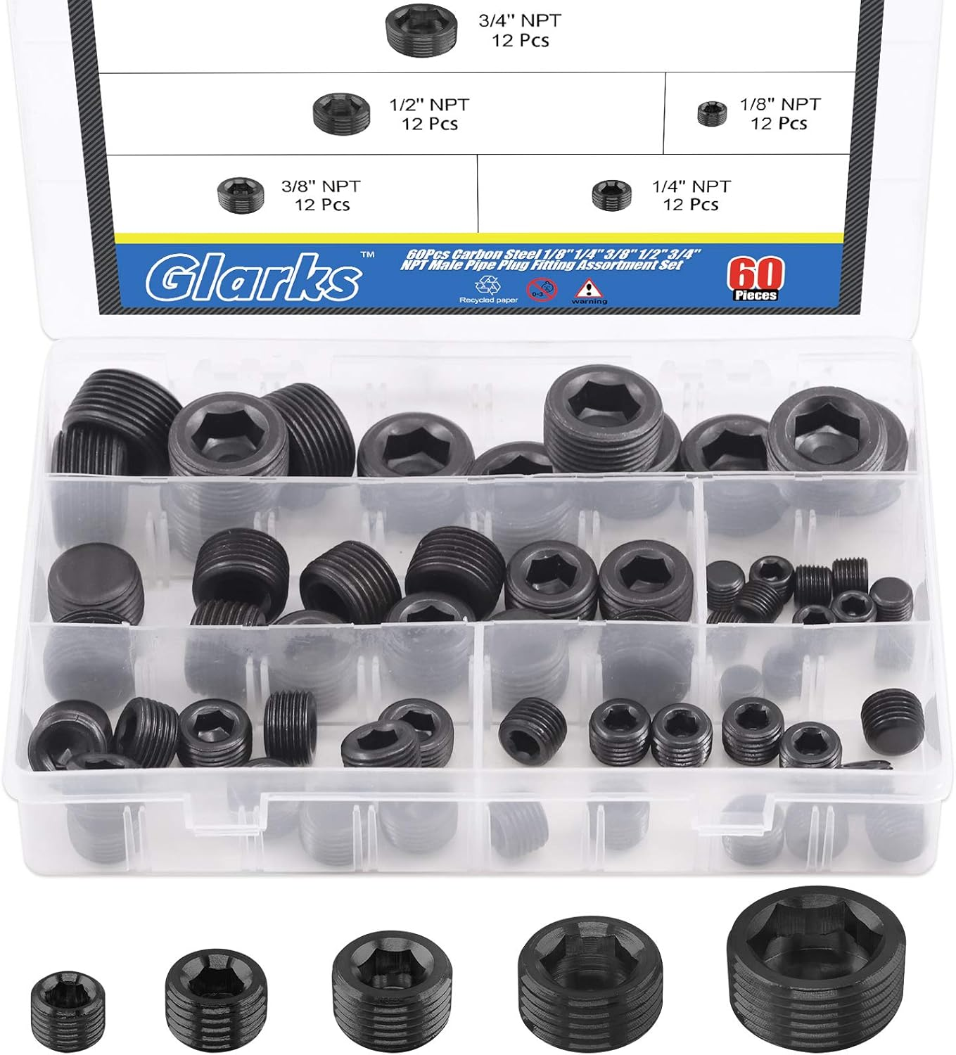 Glarks 60Pcs Carbon Steel 1/8 Inch 1/4 Inch 3/8 Inch 1/2 Inch 3/4 Inch NPT Male Pipe Plug Fitting Assortment Set Internal Hex Thread Socket Pipe Plug Kit image number 6
