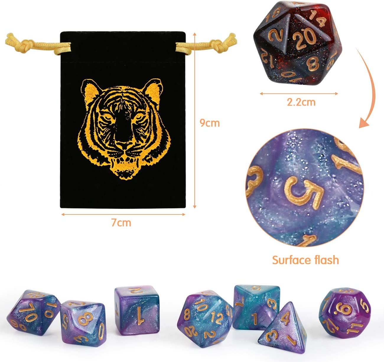 GWHOLE 42 PCS (6 Sets) Polyhedral Dice Set with Gold Pattern Drawstring Pouches for Dungeons and Dragons Table Game Dice for D&D, DND, GRP with Black Pouch, 6 Colors image number 1