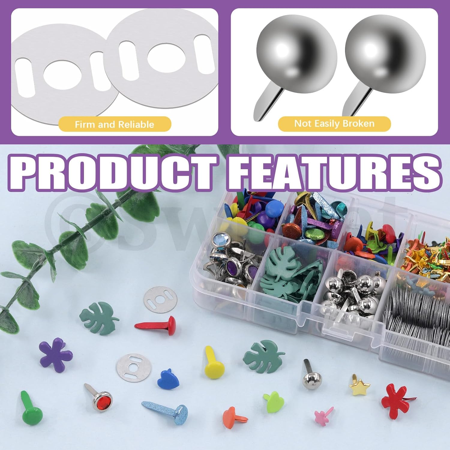 Swpeet 240 Sets 9 Styles and 5 Sizes Multicolor Split Pins Mini Brads Metal Brad with Hole Punch Assortment Kit, Metal Paper Brass Paper Fasteners Pastel Brads for Scrapbooking and Clothing Shoes image number 1