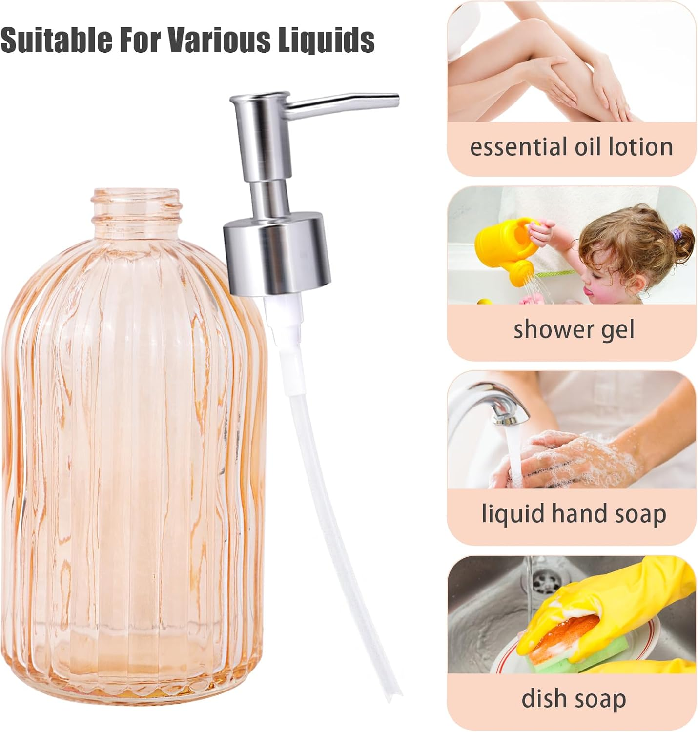 RETON 3 Pack Soap Dispenser Set, 14 Oz Clear Glass Soap Dispenser with Rust Proof Plastic Pump, Refillable Liquid Hand Soap Dispenser, Bathroom Soap Dispenser for Kitchen Countertop (3 Colors)