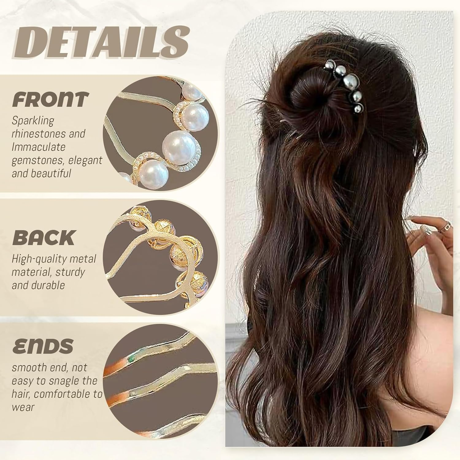 Kinretixia Pack of 2 Pearl Hair Pins in U Shape, Side Comb for Bridal Hair, Metal Hairpin, Vintage Hair Fork Clips for Women, Ideal for Weddings and Parties image number 3