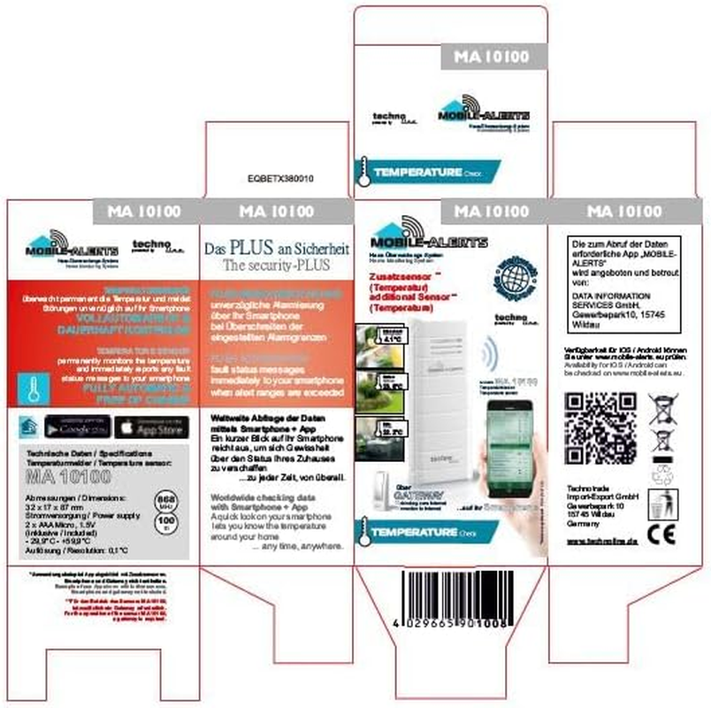 Technoline Mobile MA10100 Alerts Additional Sensor MA 10100 - Temperature Sensor with Data Transfer to Smartphone, Thermometer, Compatible with Alexa, Temperature Monitoring, White, 3.2 X 1.7 X 8.7 Cm image number 1