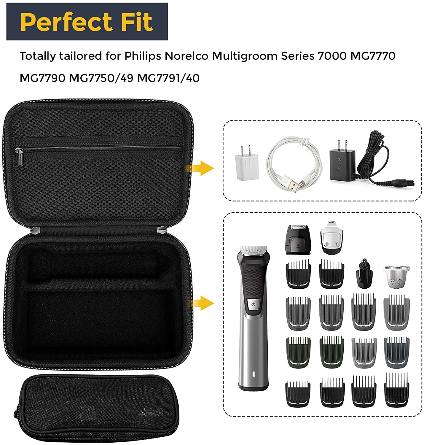 Procase Hard Travel Case for Philips Norelco Multigroom Series 7000 MG7750/49 MG7770 MG7790 MG7791/40 Men'S Electric Trimmer Shaver and Attachments -Black