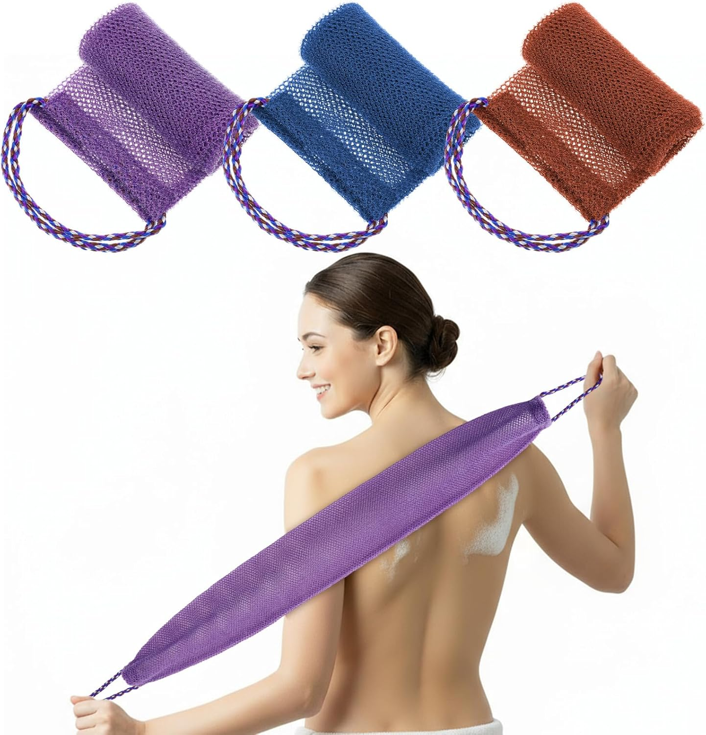 MBAIYO 3 Pieces African Net Sponge with Handles, Authentic African Exfoliating Net Sponge Back Scrubber for Shower, Body Wash Nets Sponges for Bath image number 6