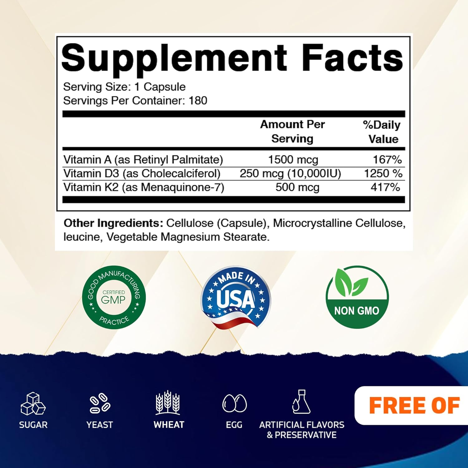 Vitamatic ADK Vitamin Supplement, 180 Veg Capsules, High Potency Vitamins A, D3, K2 for Bone Health, Calcium Absorption, Non-Gmo, Gluten Free image number 2