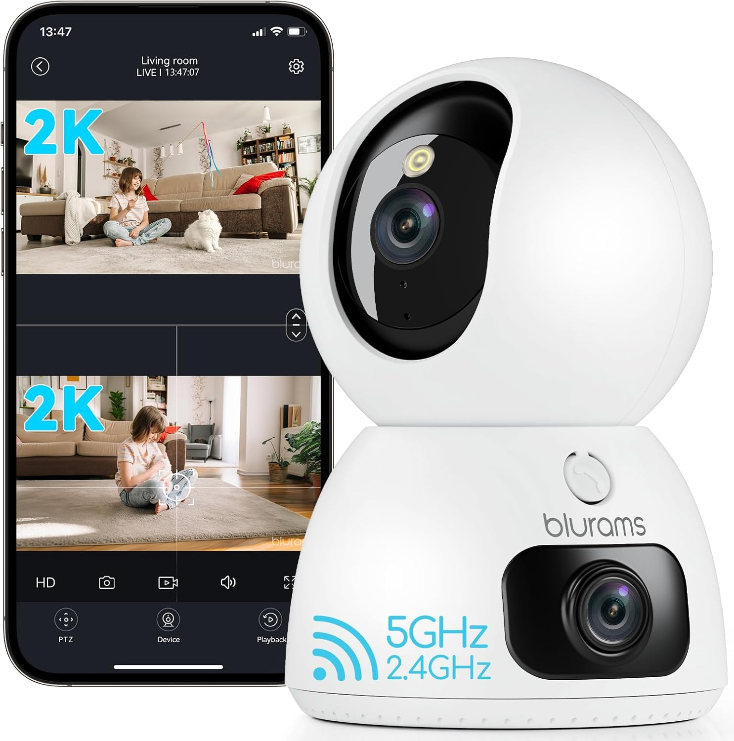Blurams Indoor Camera, 2K Dual-Lens Pet Camera, Dog Cameras with 360&deg; Coverage, One-Touch Call, Ir&Colour Night Vision, Cloud/Local Storage, 5Ghz/2.4Ghz Wi-Fi image number 1