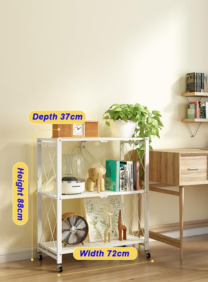 ABCOOL 3 Tier Foldable Mobile Storage Rack Trolley, Durable Movable Shelf Cart, Versatile Open Easy Setup Locker Wheels, Heavy-Duty Steel for Kitchen Office Entryway Dining Living Room Garage Yard