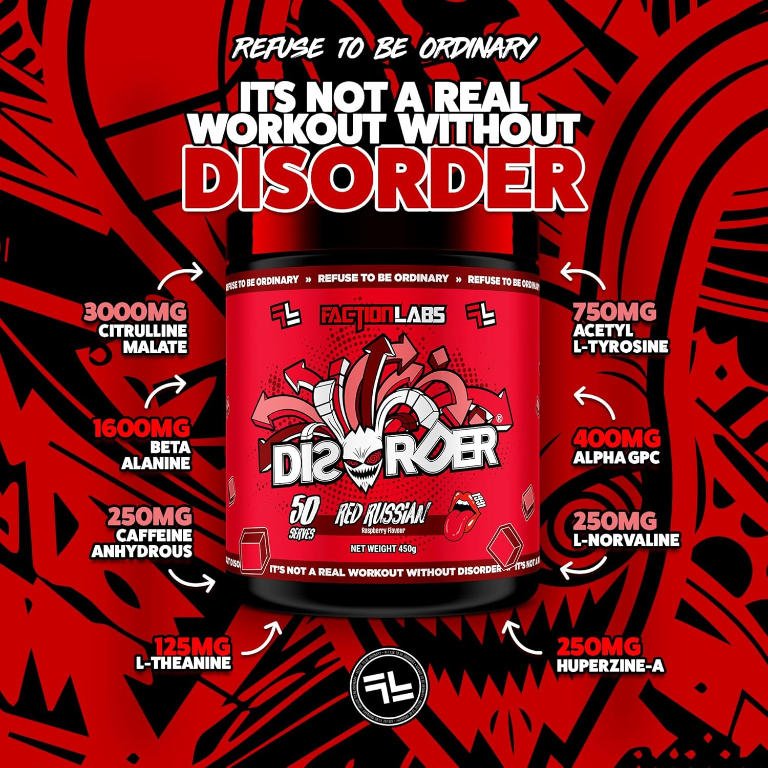 Faction Labs Disorder Original Pre Workout Powder, Red Russian, Sugar Free Caffeinated Gym Supplement, 50 Serves, 450G image number 2