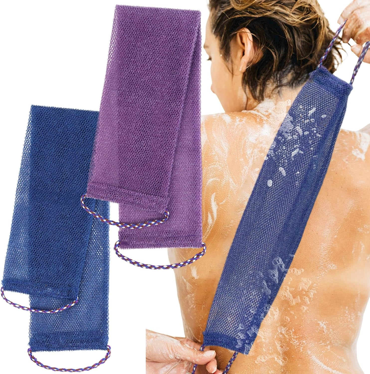 Viiotu 2025 Upgraded 2 PCS African Net Sponge - Authentic Exfoliating Body Scrubber with Stretchable Nylon Mesh, Durable Hygienic Shower Back Scrubber for Men & Women (Blue+Purple)