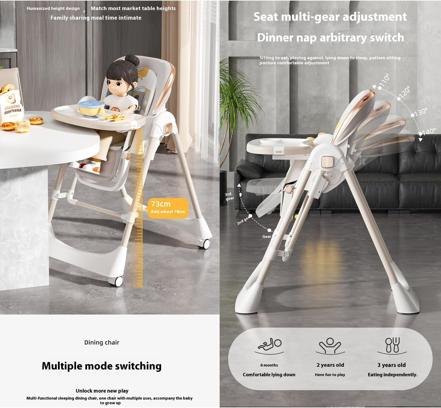 Baby High Chair & Toddler Chairs, Adjustable Baby Highchair with Recline, Wheels & Removable Tray, Convertible Feeding Chair & Baby Dining Chair for 6M~6Y(White) image number 3