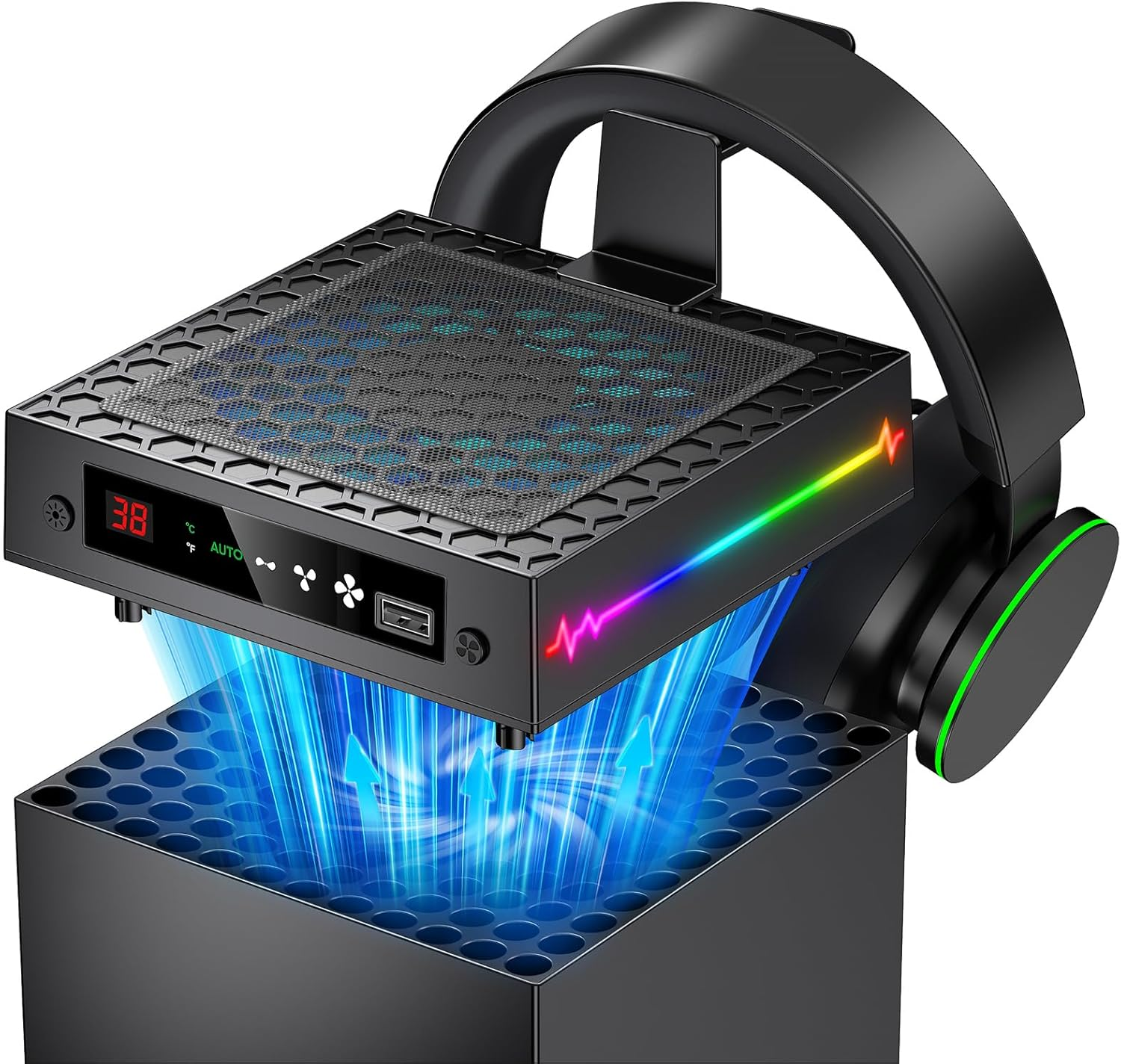 LED Display Auto Cooling Fan for Xbox Series X with 9 RGB Light Modes, Cooling System Adjustable by Temperature with 4 Gears for Xbox Series X Console, Cooler & Light Switch, Headset Hook, USB Port image number 6