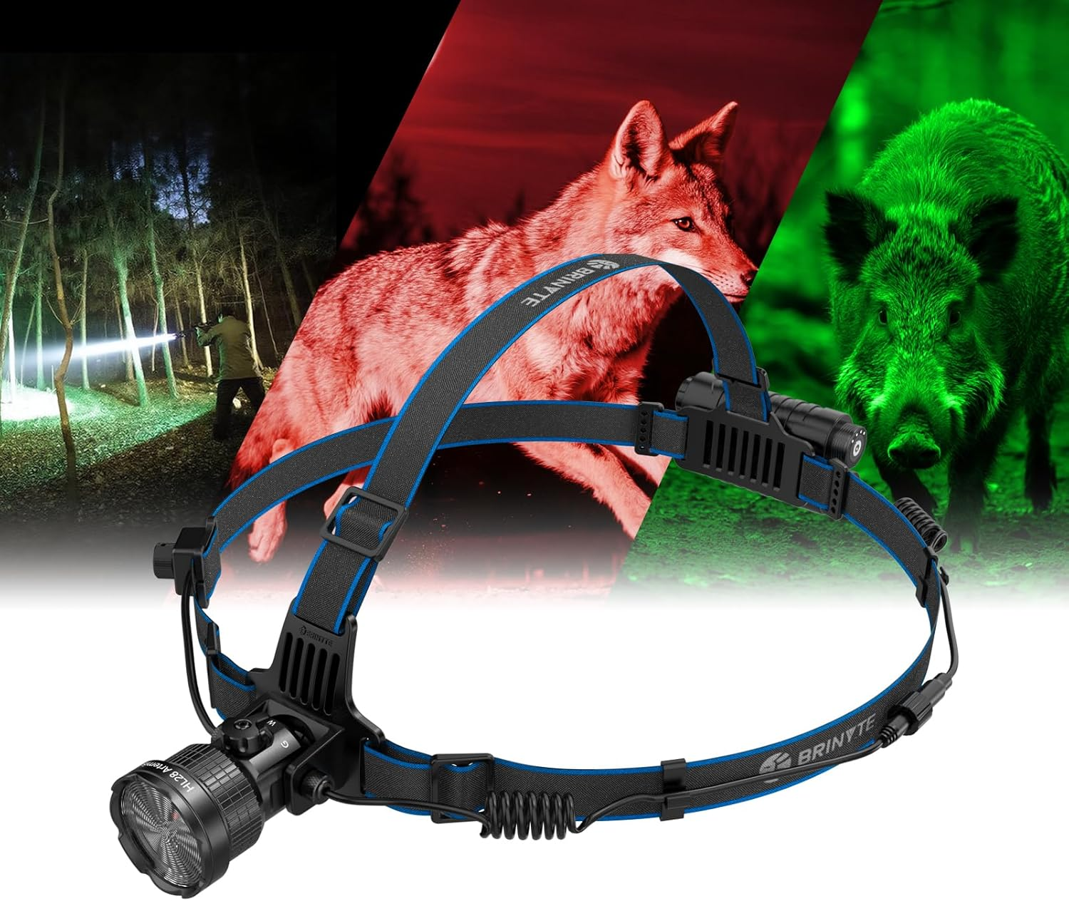 Brinyte HL28 LED Hunting Headlamp, Zoomable 3 Modes Red Green White LED Hunting Headlight, Rechargeable IPX6 Waterproof Predator Flashlight for Hogs Coyote Varmint Fishing image number 6