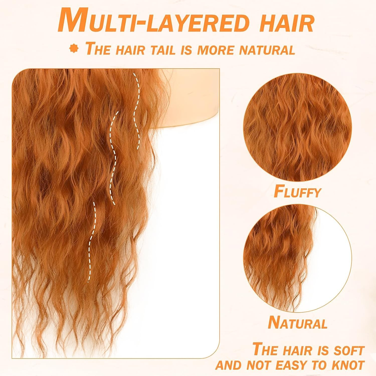 PORSMEER Ponytail Hairpiece Long 75 Cm with Drawstring Wavy Curls Ponytail Extension Ginger Orange Natural Clip-In Hairpiece Ponytail Hair Braid for Women Afro Braid Hair Extensions image number 2