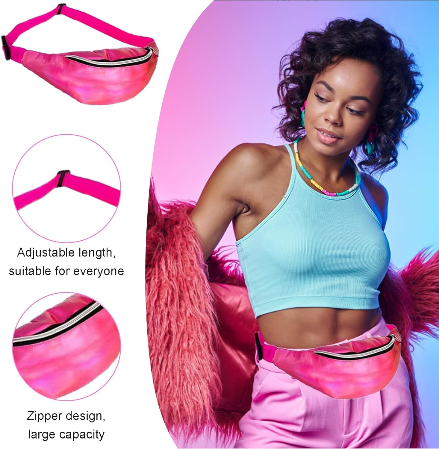 26Pcs 80S Fancy Dress for Women,Neon Clothes Costume Set with Lace Bow Headband,Sunglasses,Hair Scrunchies,Necklace,Earring,Tutu Skirt,Leg Warmers,Fishnet Gloves,Waist Packs (Pink) image number 5