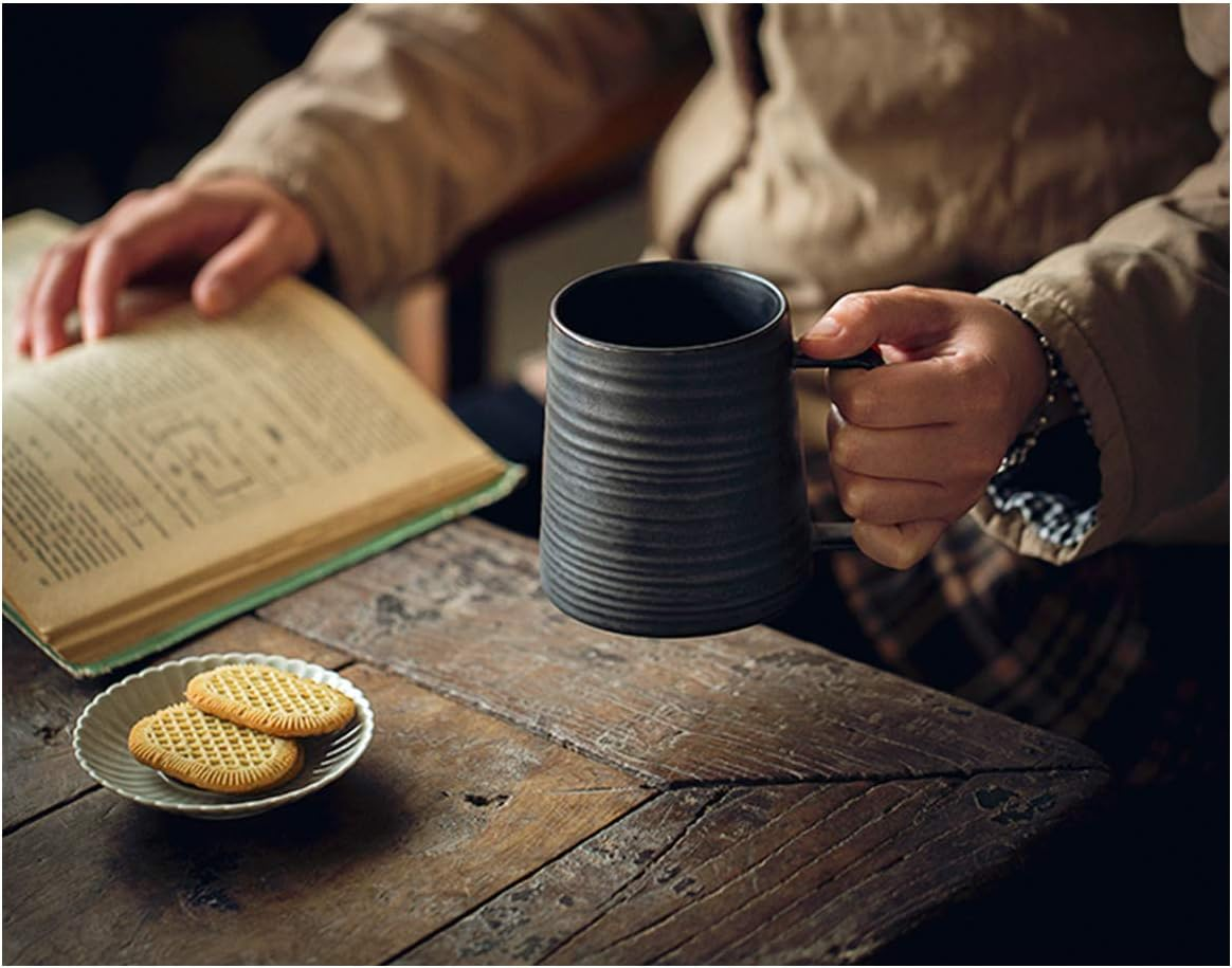 Globe Faith Large Handmade Pottery Coffee Mug, Unique Metallic Glazed Ceramic Drinking Cup Coffee Cup with Big Handle for Home, Office or Gifts, Microwaveable, Annular Texture 16 Oz image number 2