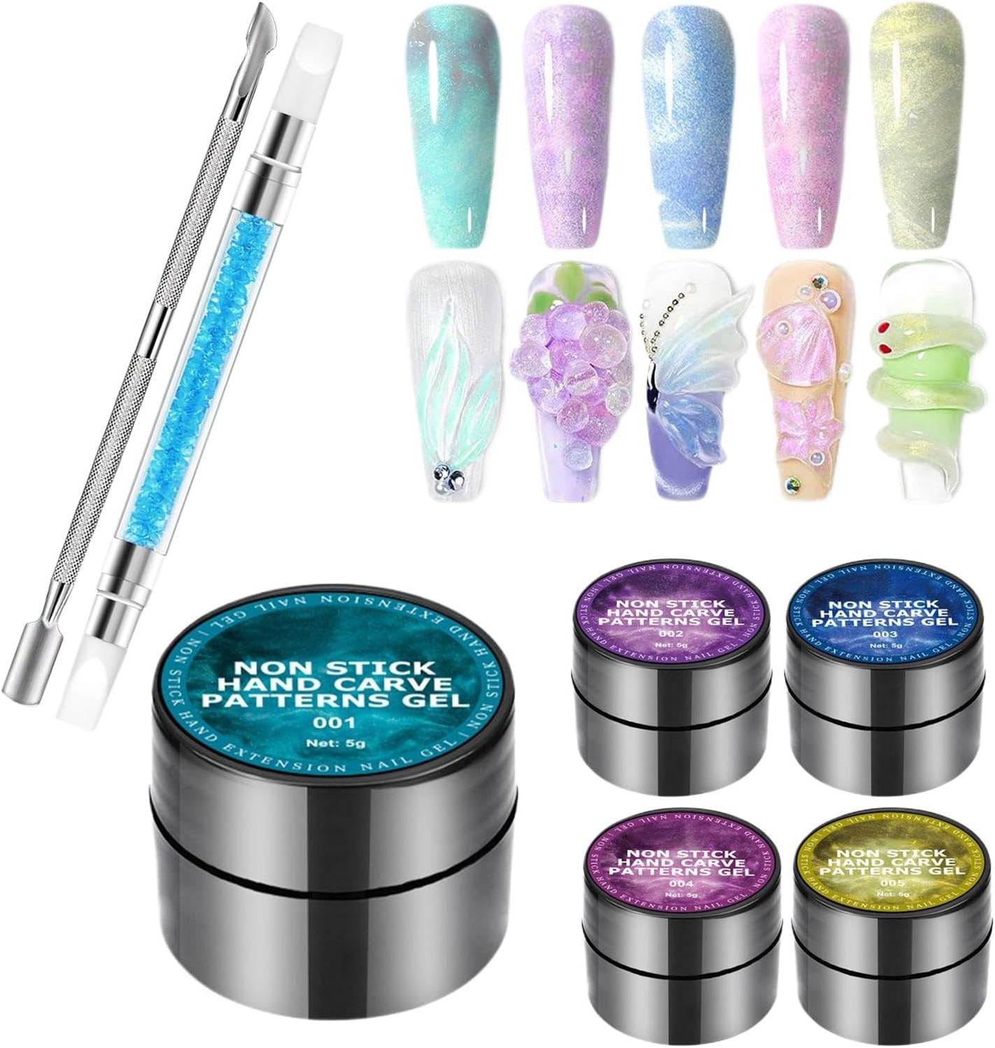 3D Nail Gel - Solid Builder 5 Colors 3D Nail Design Gel | Non-Stick Tool Kit, Manicure Set with Carving Pen for Molding, Building & Painting image number 3