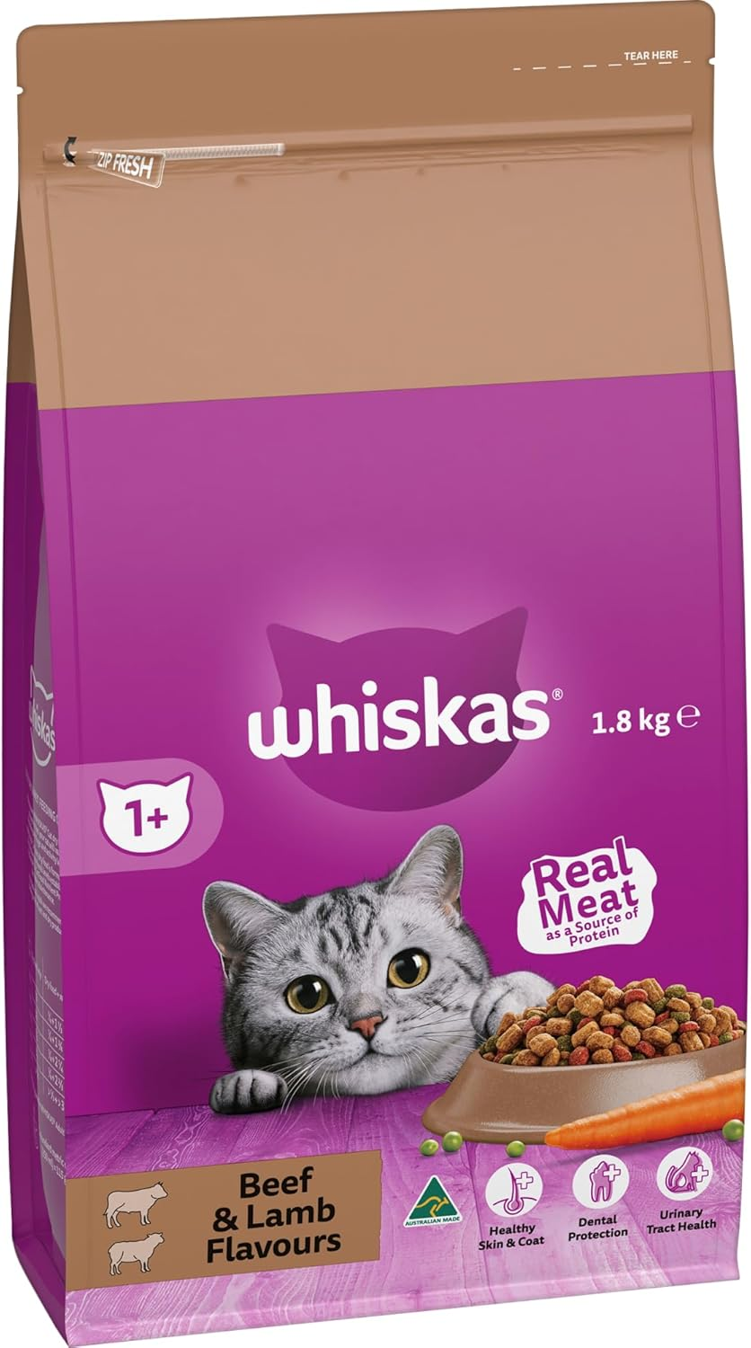 Whiskas Adult Dry Cat Food Beef & Lamb 1.8Kg Bag, 4 Pack