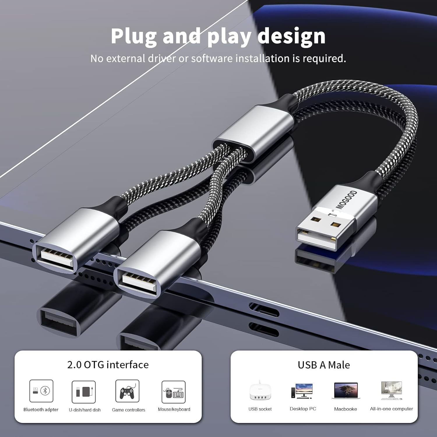 USB Splitter Cable MOGOOD USB Y Splitter Adapter Dual USB 2.0 Power Cord Extension for Charging/Data Transfer/Laptop/Mac/Car image number 2