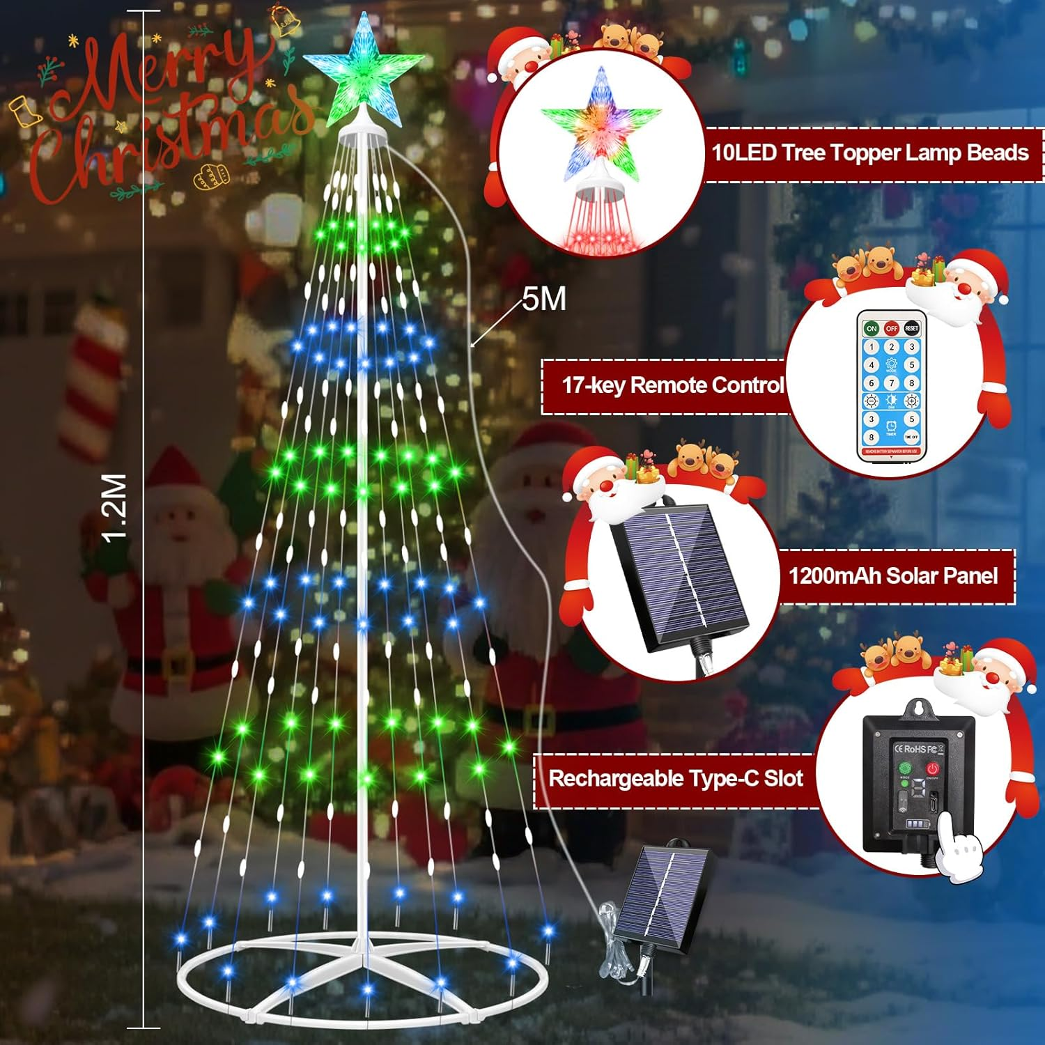 HELESIN Solar Outdoor Christmas Tree Lights, 1.2M 156Leds Christmas String Lights,8 Lighting Modes LED Fairy Light with Timer Remote Control for Xmas Tree Home Yard Garden Lawn Holiday Decorations image number 6