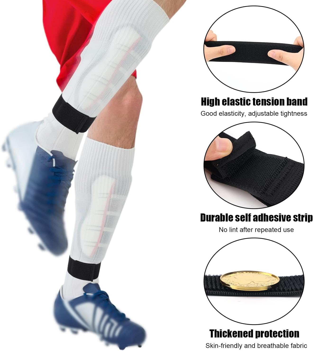 4Pcs Football Shin Guard Straps, Black White Soccer Shin Fixed Ankle Straps Polyester Yarn Elastic Football Shin Guard Holders for Kicking Ball Cycling Running image number 3