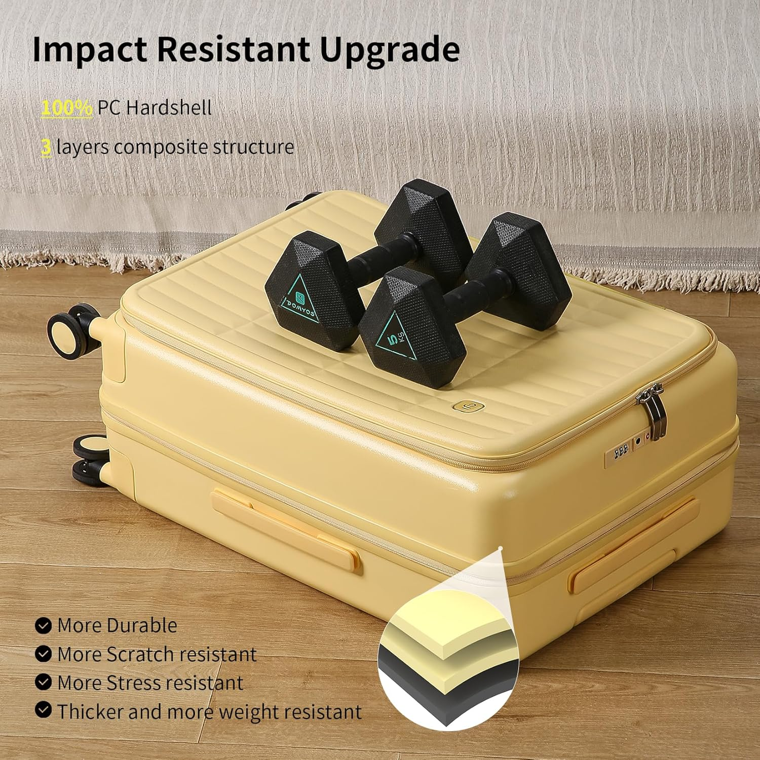 Carry on Luggage Suitcases with Wheels: Checked 26 Inch Luggage with 8 Spinner Wheels, Expandable Large Suitcase with 100% PC Hard Shell Travel Luggage Suitcases (Cheese Yellow) image number 5