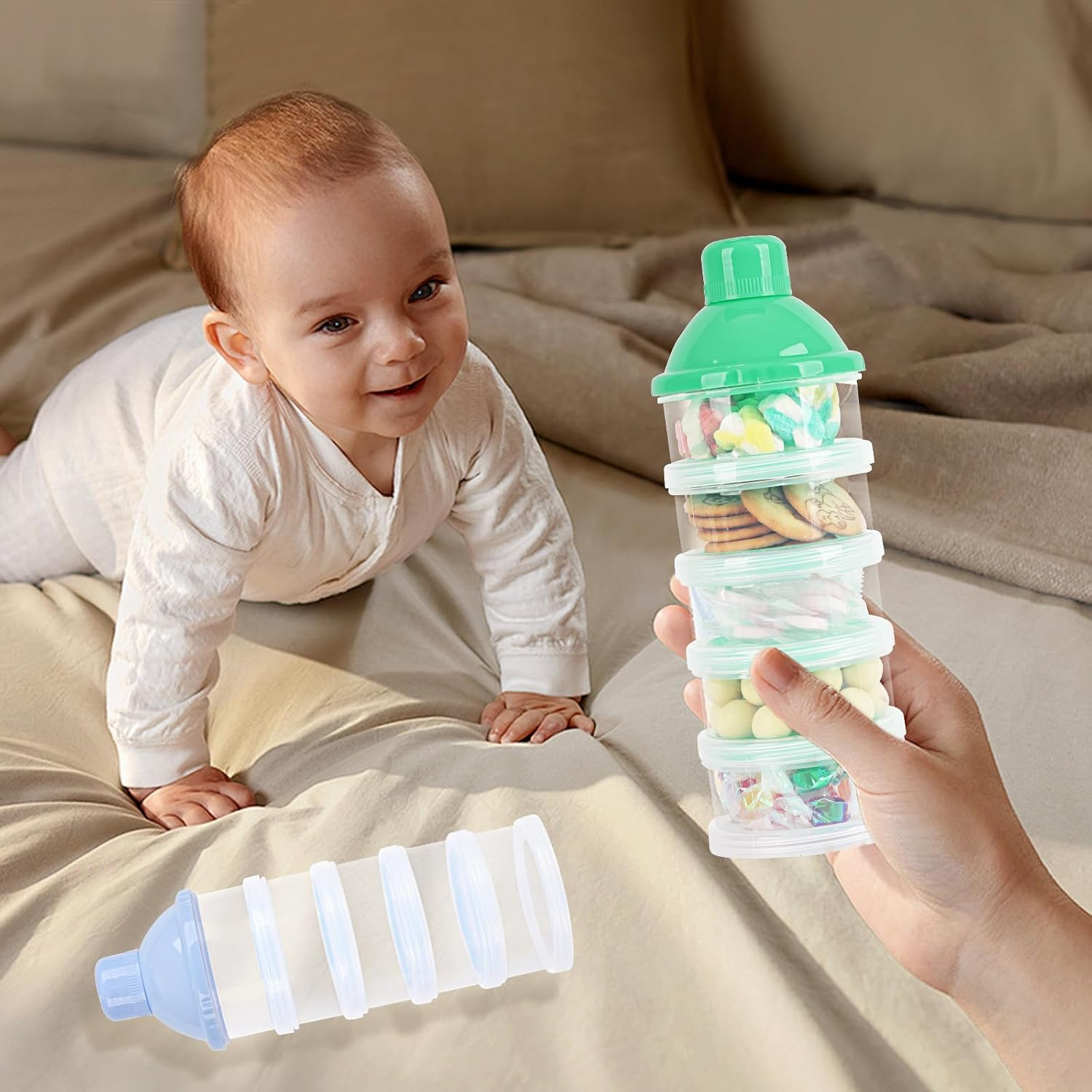 2 PCS 5 Layers Baby Milk Powder Dispenser, Milk Powder Pots, Formula Dispenser Portable Milk Powder Formula Dispenser Container Pot Box Milk Cans Snack Storage Box for Travel (Blue + Green) image number 3