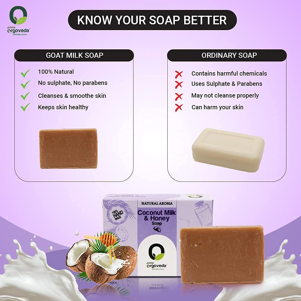 100% Natural Handmade Milk Honey Soap with Milk, Honey, Olive Oil, Coconut Oil, Sunflower Oil Free from Parabens, Sulphates and Mineral Oil | Prime Orgoveda | Softening Creamy Soap - 100G (Pack of 4) image number 2
