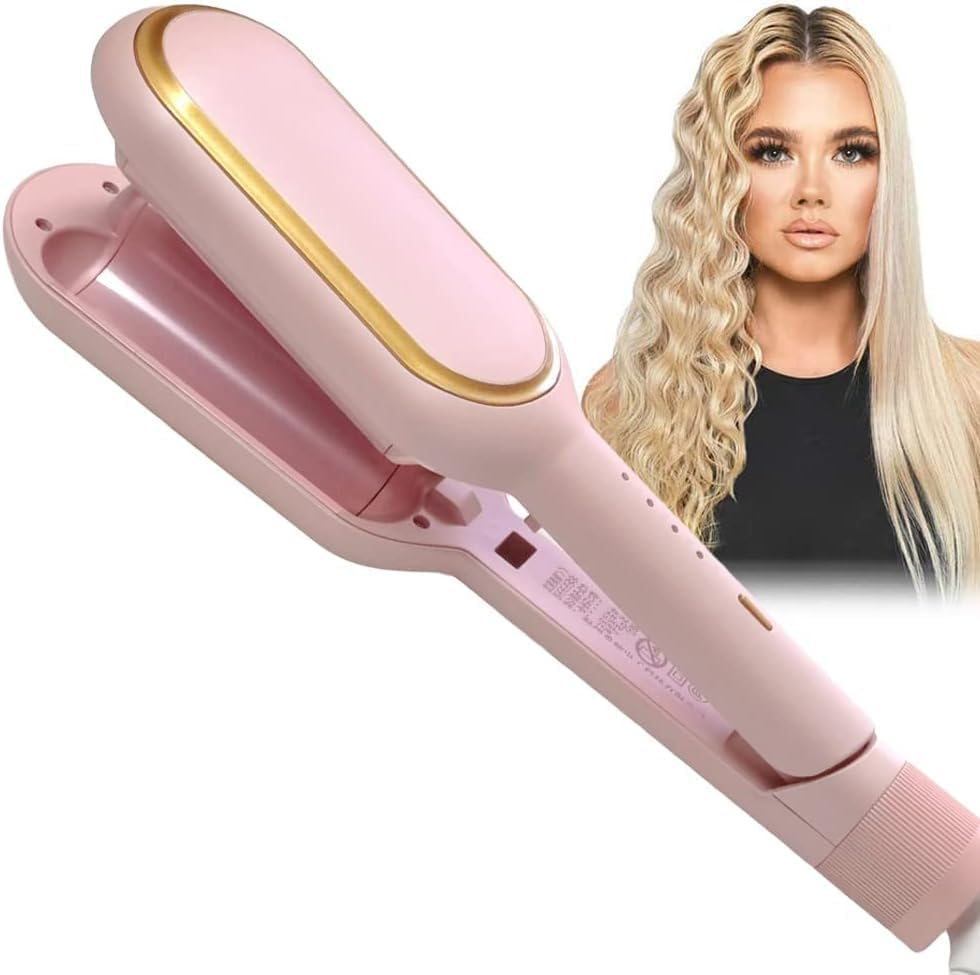 Pink Hair Waver for Beach Waves,1.25 Inch Deep Barrel Curling Iron,Egg Roll Curls Hair Curler, Hair Crimper Iron Heat up Quickly Last Long Dual Voltage