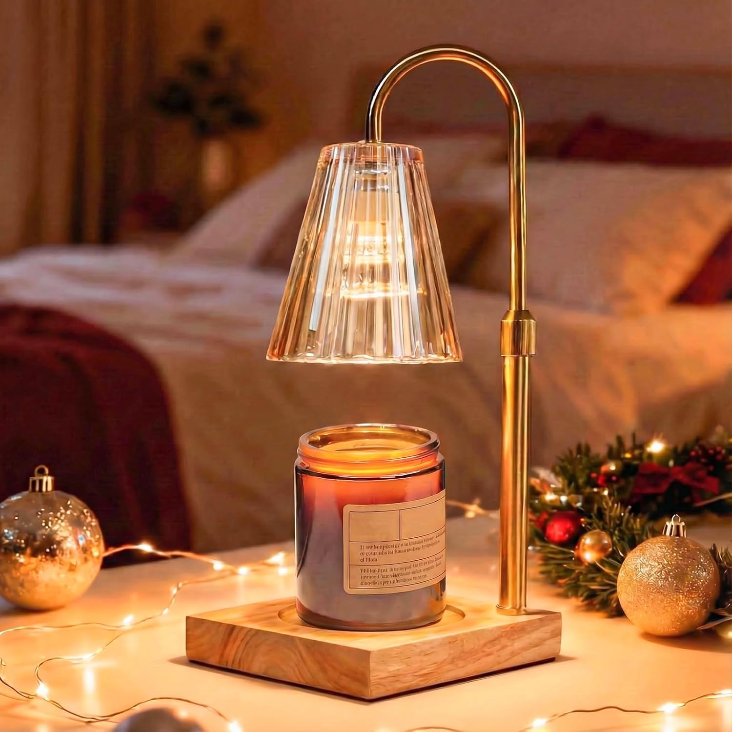 Koncle Candle Warmer Lamp with Timer Dimmable, Modern Champagne Glass Shade Table Lamp, Scented Candles Warmer with 2 GU10 Bulbs for Home Decor(Wooden Base)
