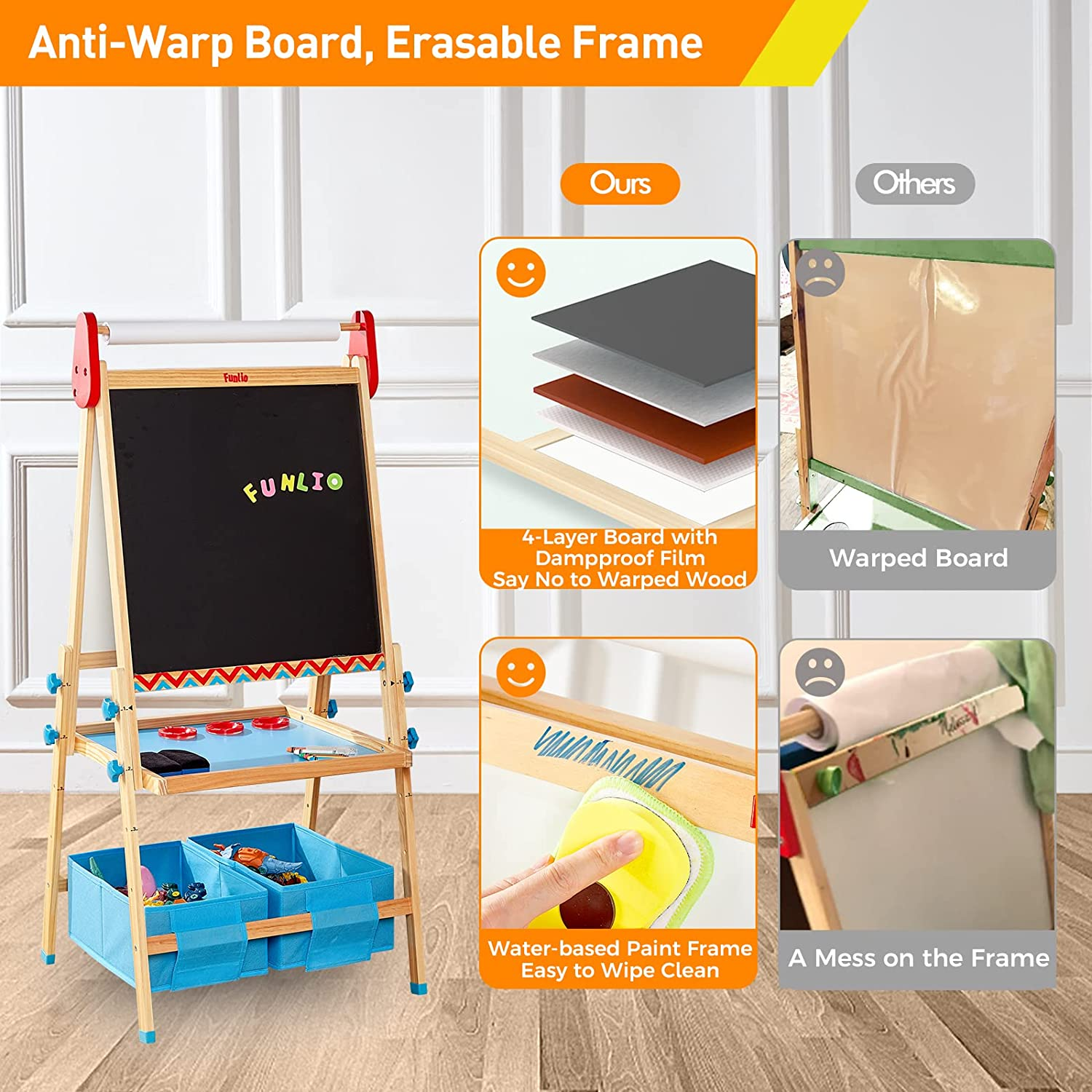 FUNLIO Art Easel for Kids Aged 2-8, Anti-Warp Board & Erasable Frame, Toddler Painting Easel with Magnetic Chalkboard/Whiteboard, 3-Level Height Adjustable, All-In-One Standing Easel with Paper Roll image number 5