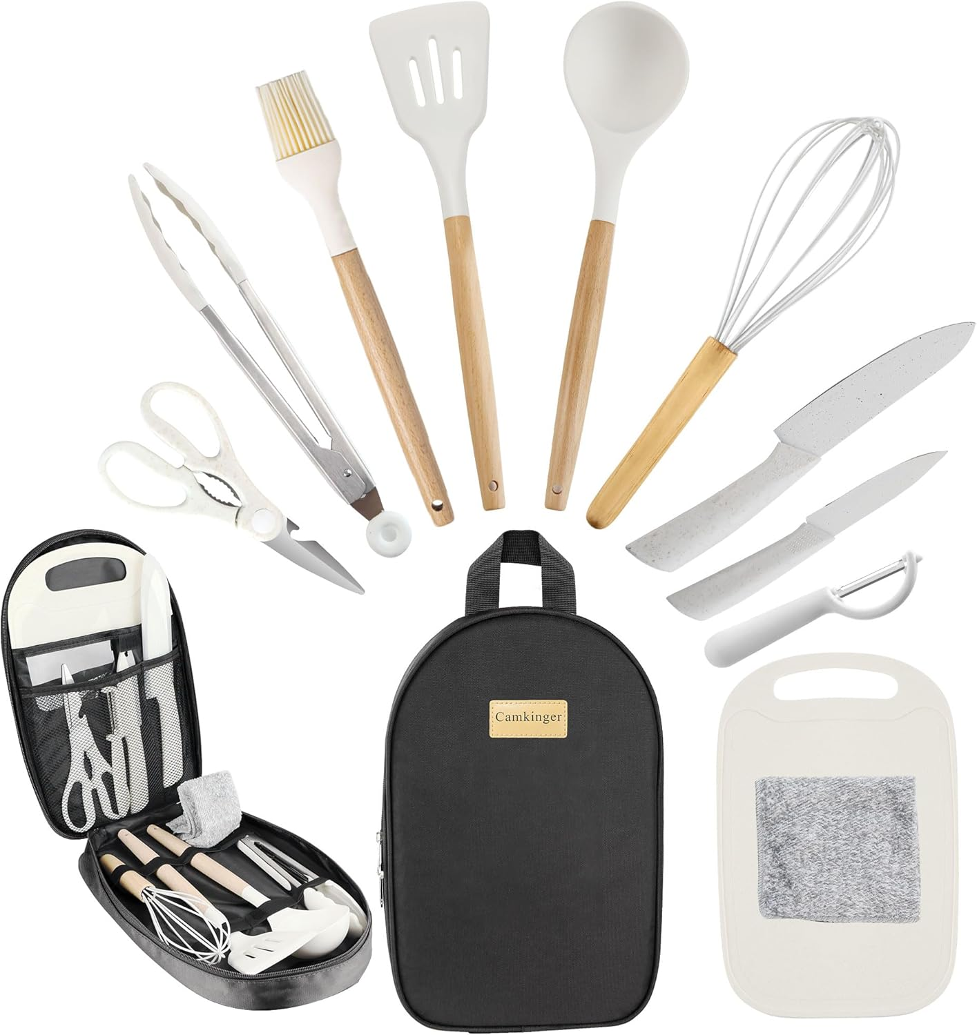 Silicone Camping Cooking Utensils Set - 12Pcs Green Kitchen Cookware Set, Outdoor Camper Accessories with Portable Hand Bag, RV Must Haves Gear for Travel BBQ, for Camper