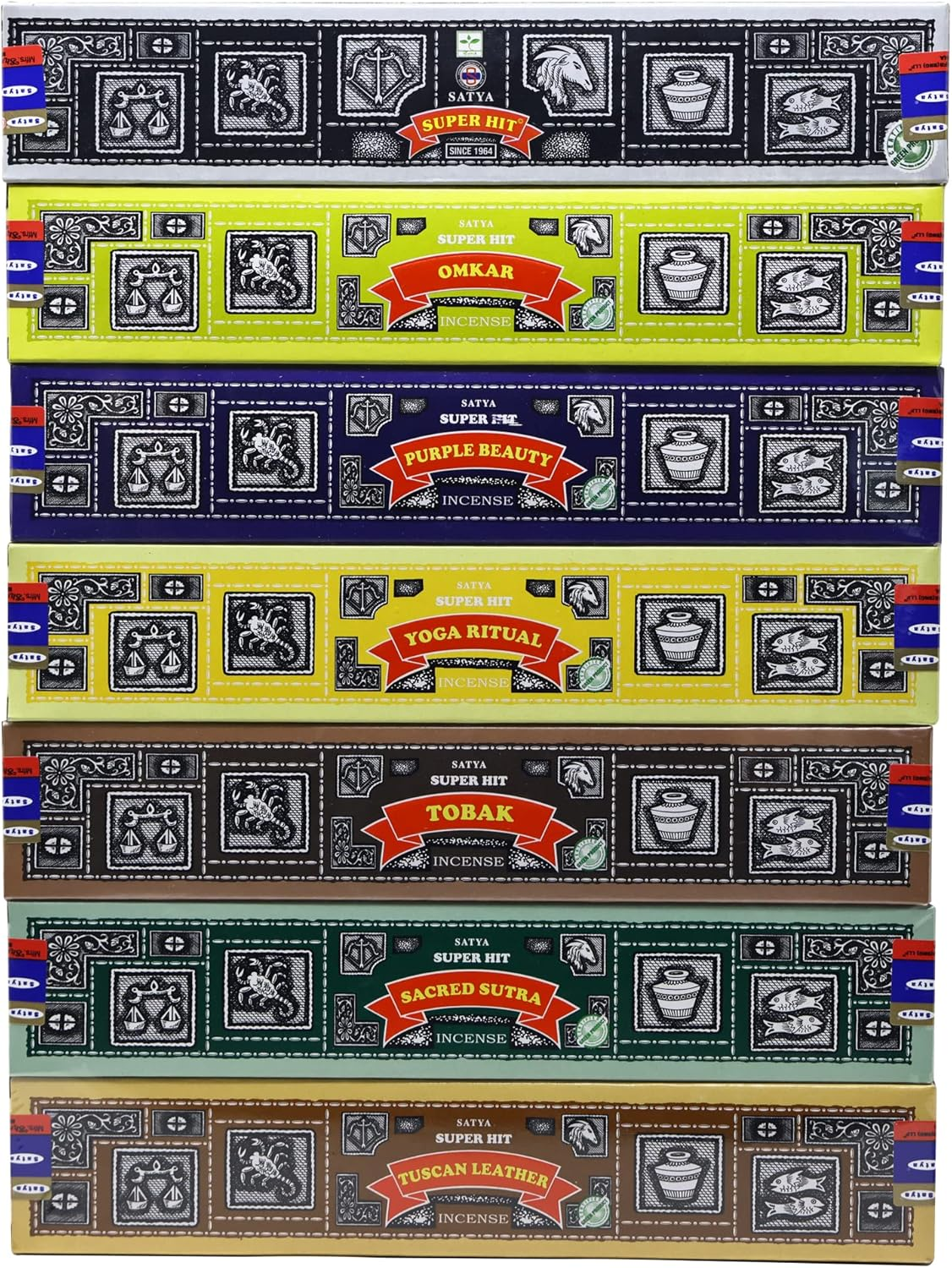 EARTH Satya Super Hit Incense Sticks Set of 7- Super Hit, Omkar, Purple Beauty, Yoga Ritual, Tobak, Sacred Sutra, Tuskann Leather 15 GMS (Green Certified), Hand Rolled Incense Sticks image number 1