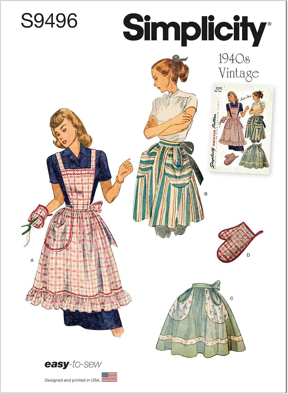 Simplicity S9496 Sewing Pattern Misses' Vintage Apron, Size One Size Only