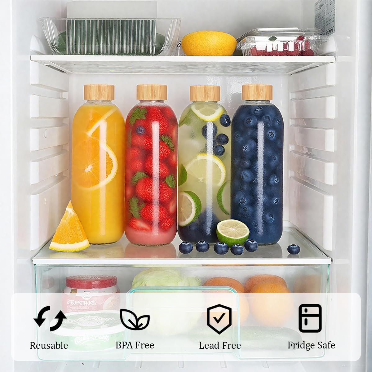 Blissify 1L High Borosilicate Glass Water Bottles with Bamboo Lids, 2 Pack Glass Juice Bottles, Reusable Drinking Bottles for Hot Cold Drinks, Home, Office, Gym & Outdoors image number 5